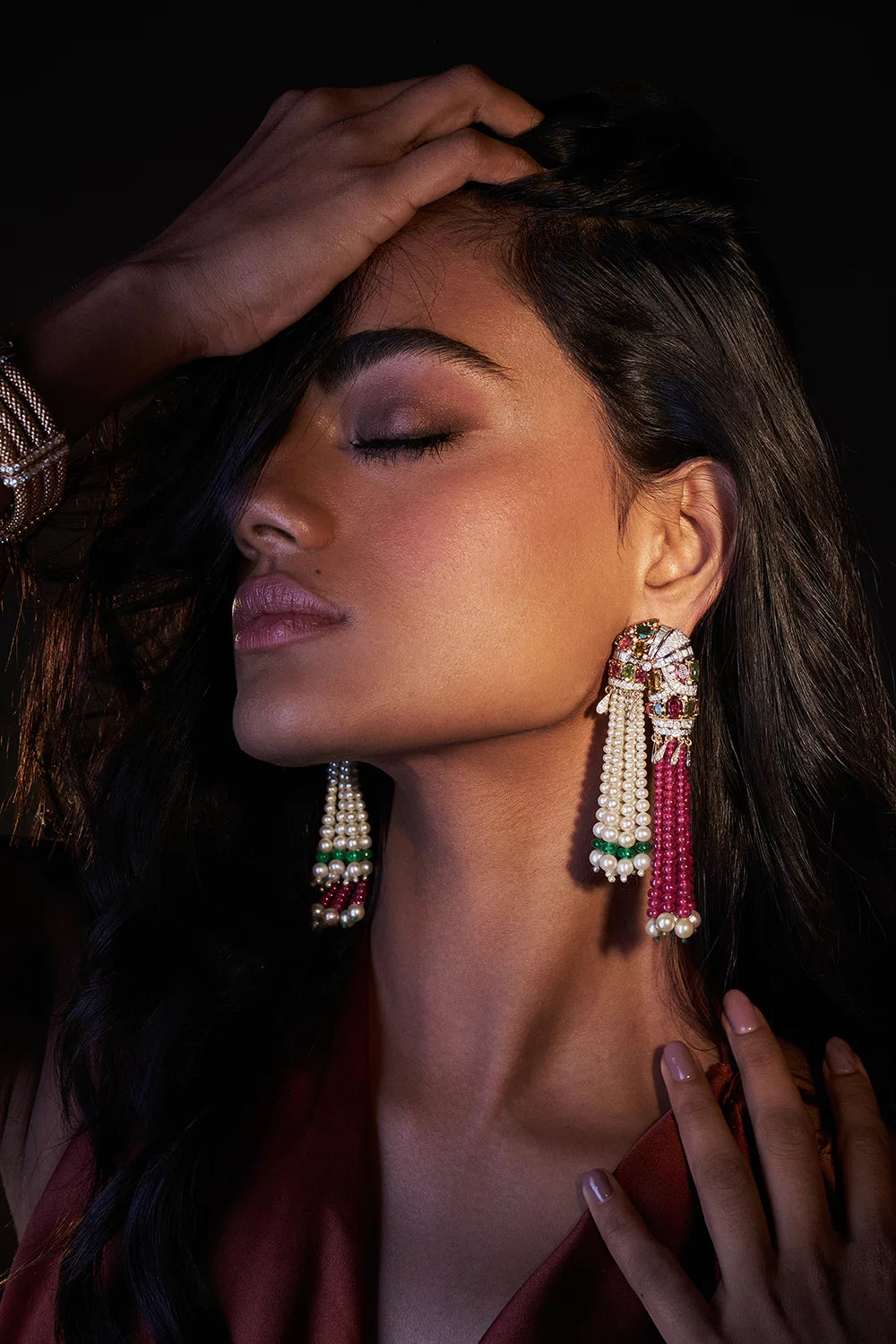 Rubellite Pearl Tassel Earrings