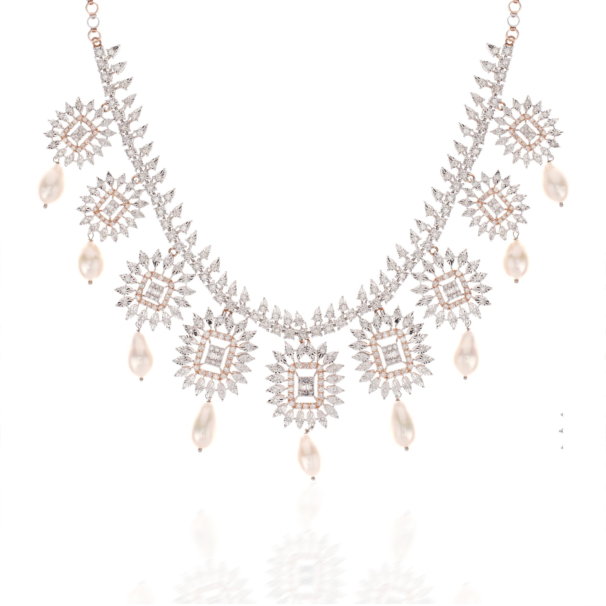 Dual Tone Pearl &amp; Diamond Necklace Set