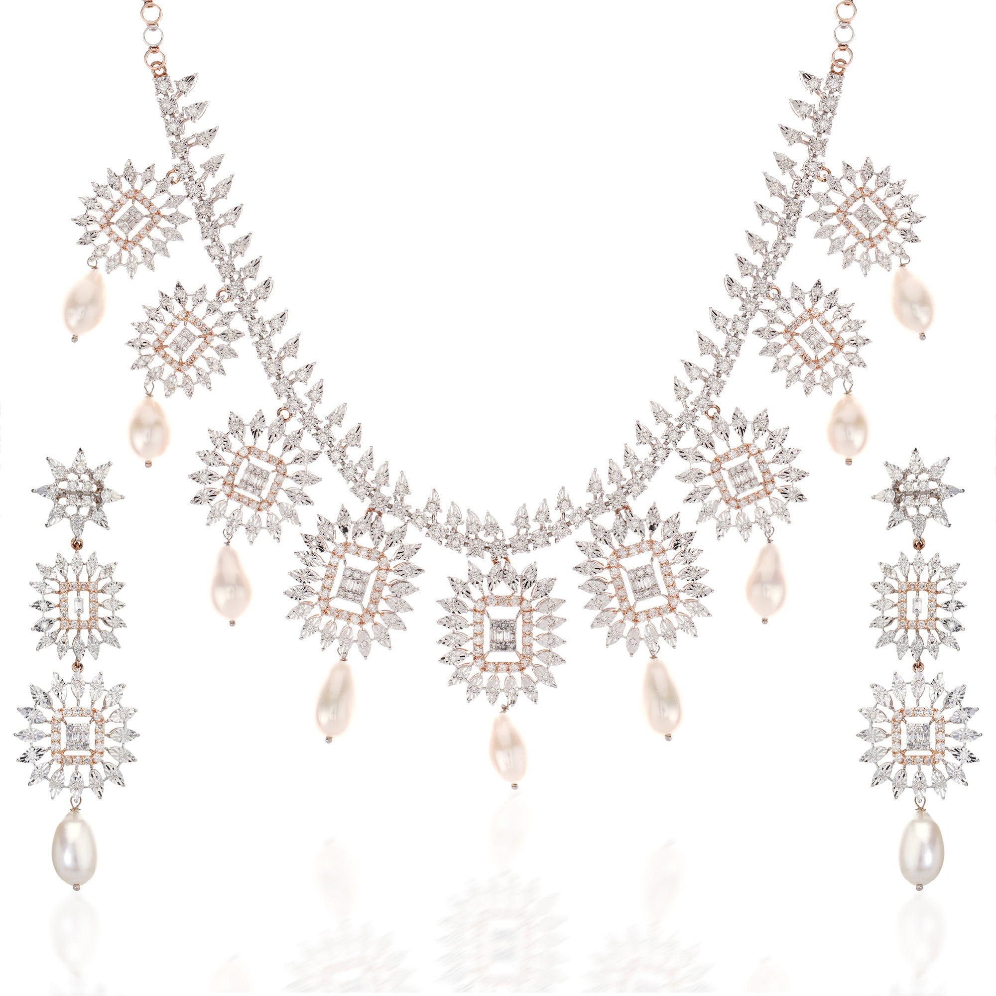 Dual Tone Pearl &amp; Diamond Necklace Set